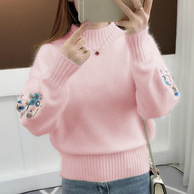 Sweter z Dzianiny Kaszmirowej z Kwiatowym Haftem