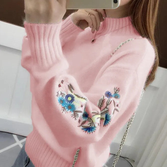 Sweter z Dzianiny Kaszmirowej z Kwiatowym Haftem