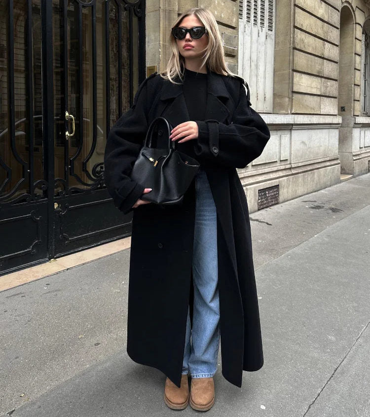 Kobiety Długi Płaszcz | Dwurzędowy Luźny Krój Zimowy