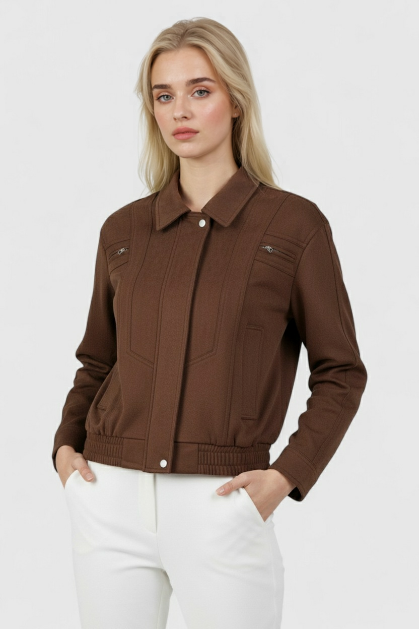 Victoria | Elegancka Ciemnobrązowa Kurtka Bomber z Uniwersalnym Stylem