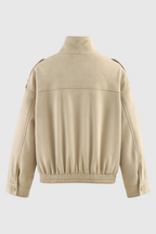 Victoria | Stylowa Beżowa Kurtka Bomber z Stojącym Kołnierzem