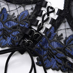 Czarny i Niebieski Zestaw Lingerie z Kwiatowym Haftem