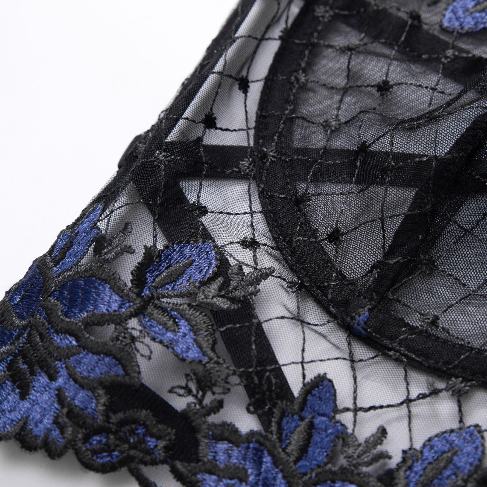 Czarny i Niebieski Zestaw Lingerie z Kwiatowym Haftem