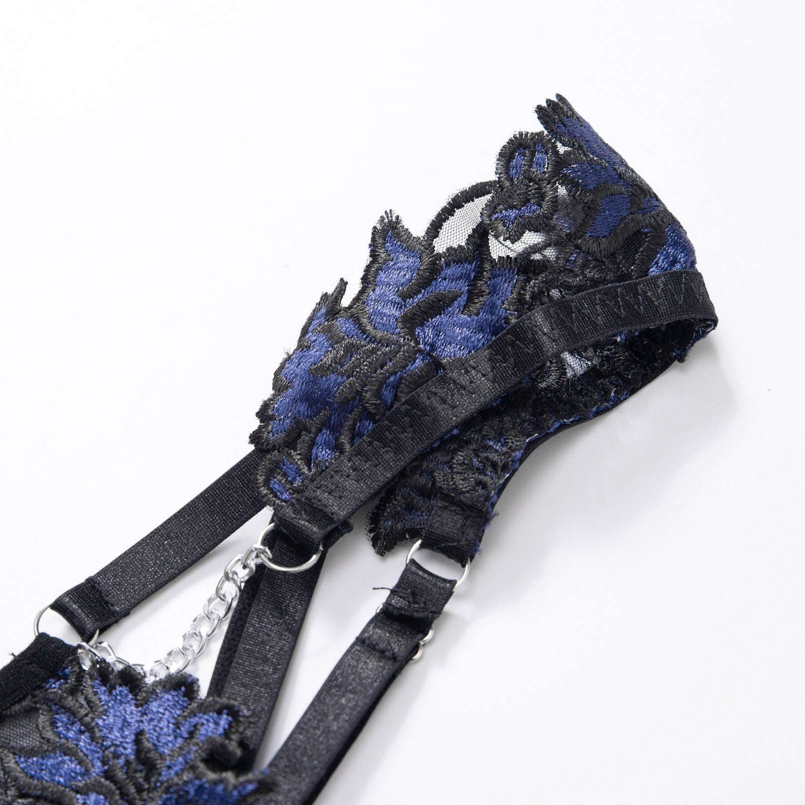Czarny i Niebieski Zestaw Lingerie z Kwiatowym Haftem