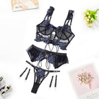 Czarny i Niebieski Zestaw Lingerie z Kwiatowym Haftem
