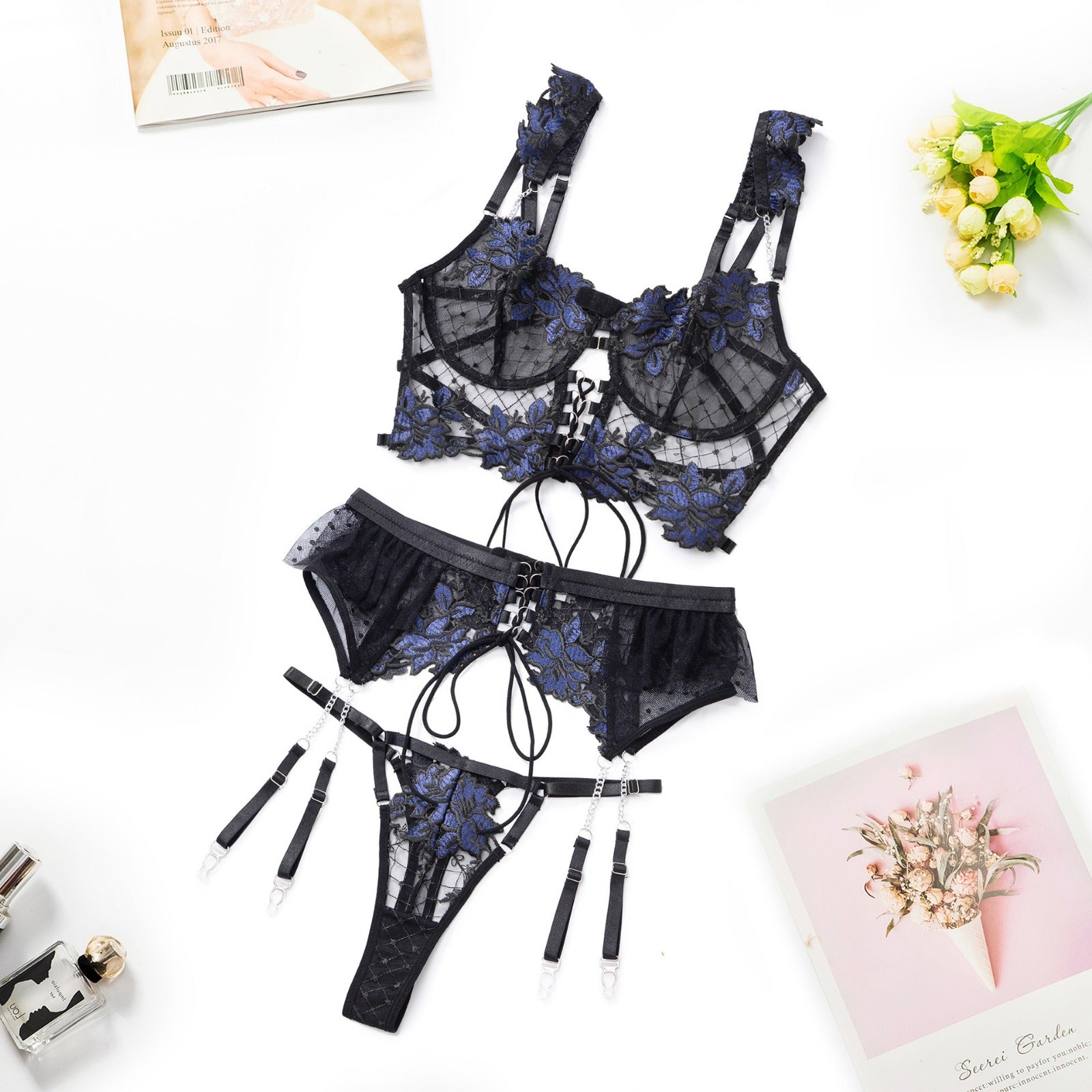 Czarny i Niebieski Zestaw Lingerie z Kwiatowym Haftem