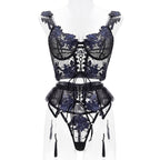 Czarny i Niebieski Zestaw Lingerie z Kwiatowym Haftem