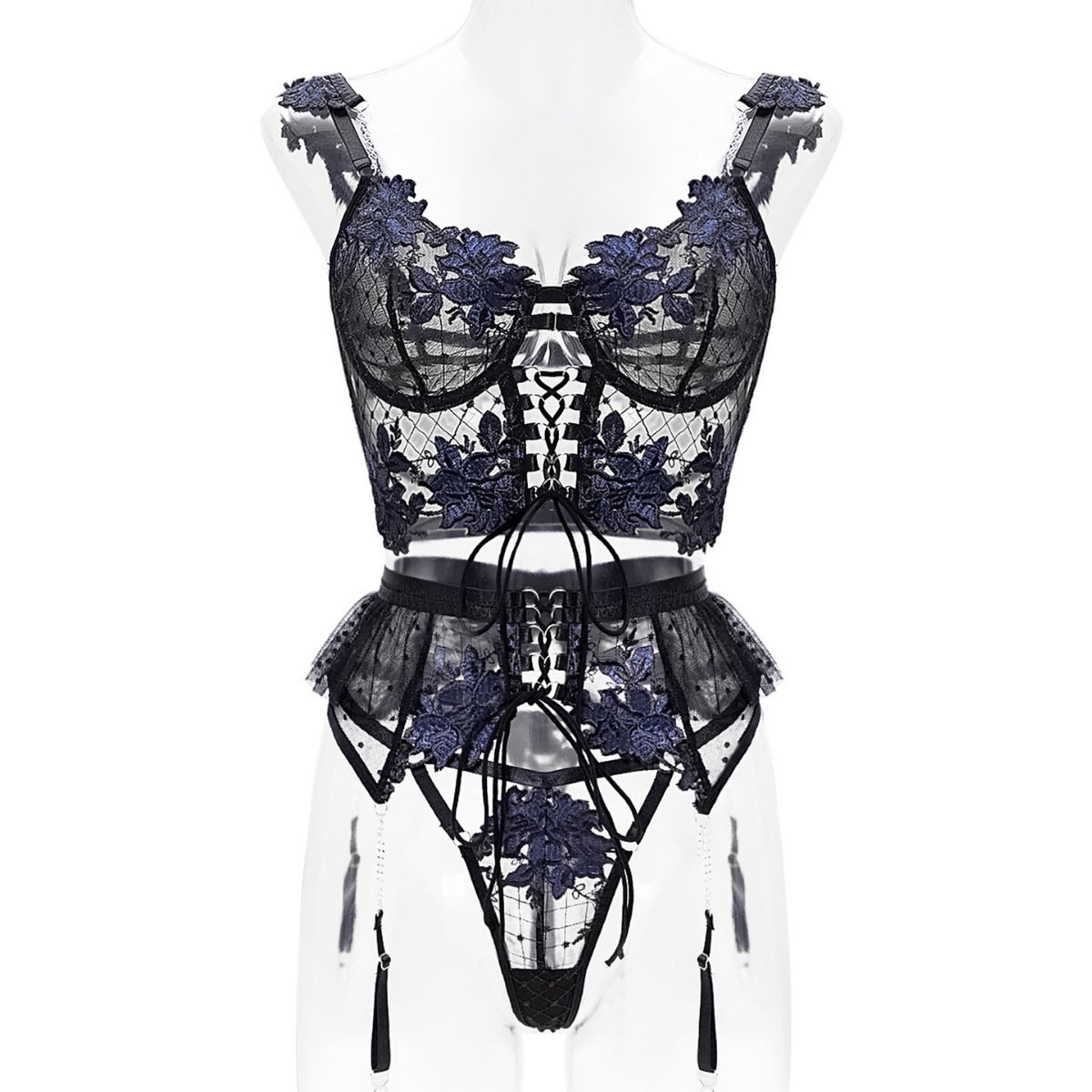 Czarny i Niebieski Zestaw Lingerie z Kwiatowym Haftem