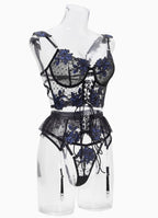 Czarny i Niebieski Zestaw Lingerie z Kwiatowym Haftem