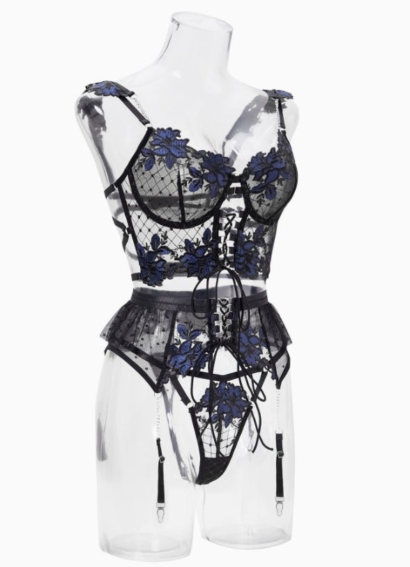 Czarny i Niebieski Zestaw Lingerie z Kwiatowym Haftem