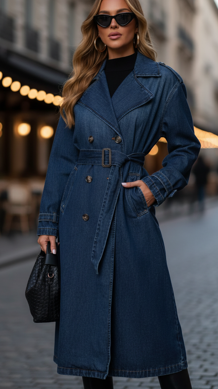 Elena | Sukienka Trench z Dżinsu z Złotymi Guzikami