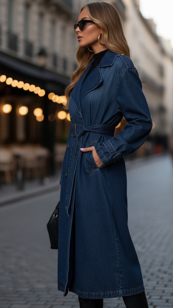 Elena | Sukienka Trench z Dżinsu z Złotymi Guzikami