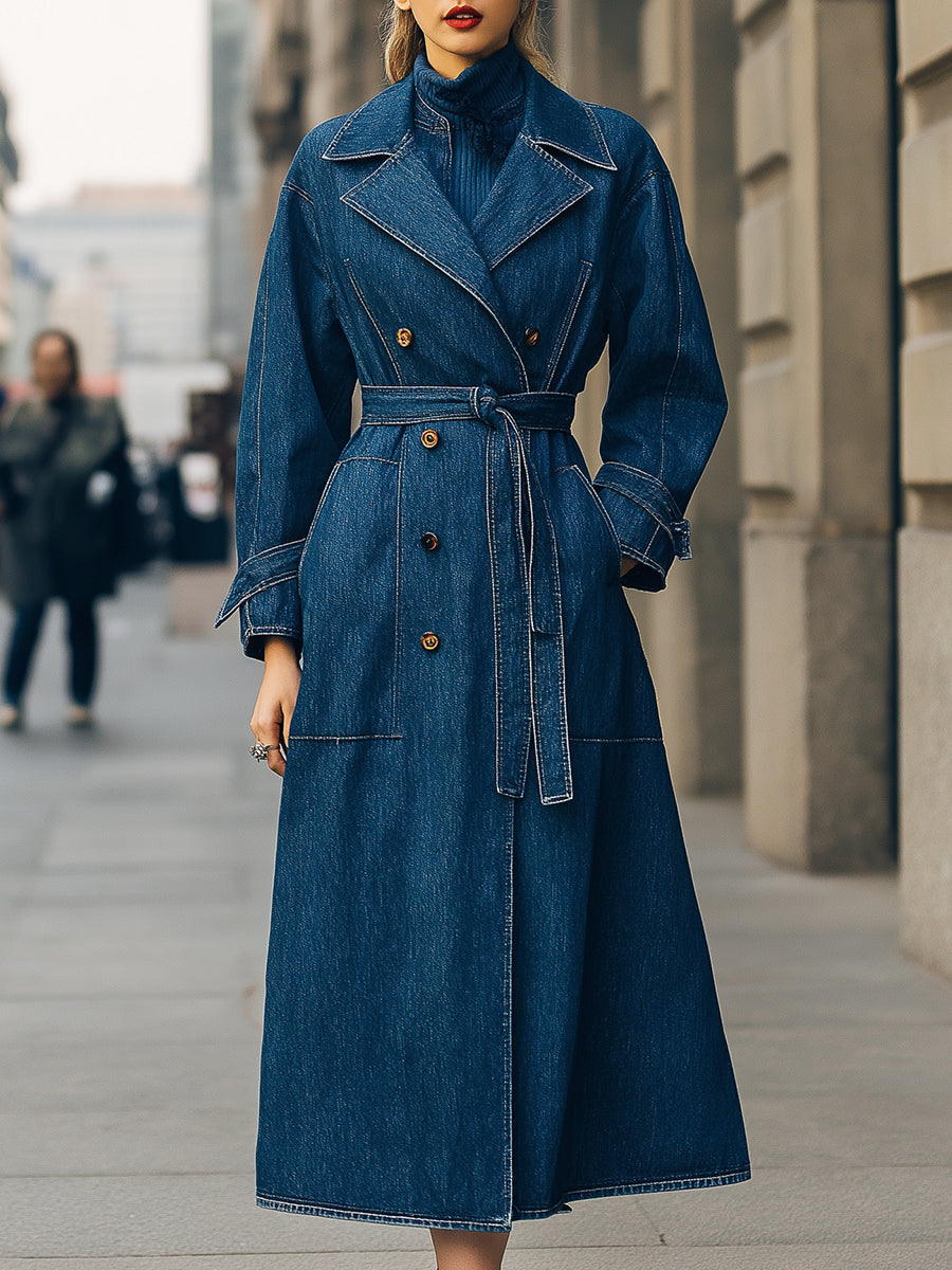 Elena | Dwurzędowy Płaszcz Trench z Dżinsu