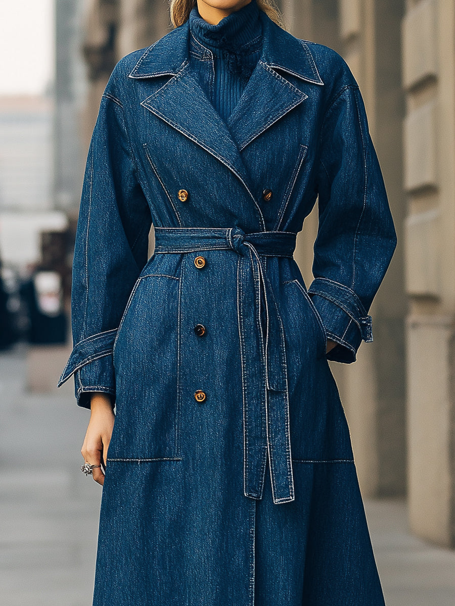 Elena | Dwurzędowy Płaszcz Trench z Dżinsu