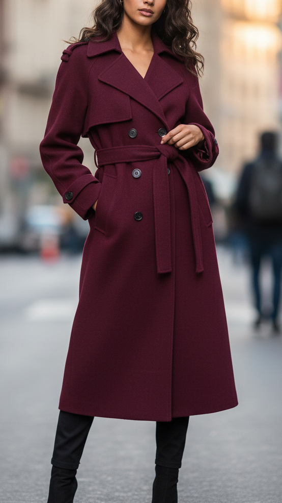 Elena | Strukturalny burgundowy płaszcz trench z kobiecym krojem