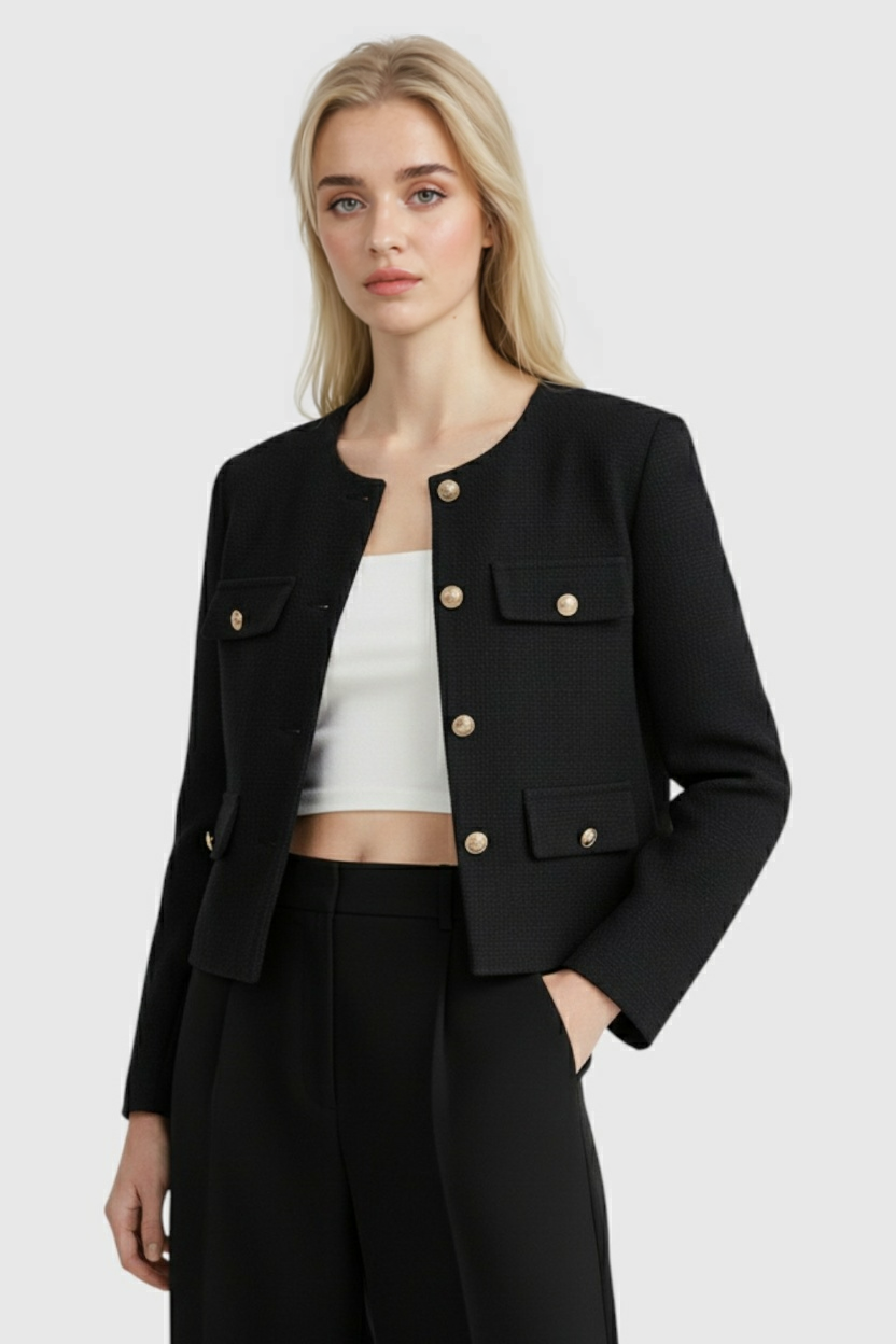 Isabella | Elegancka Czarna Krótka Kurtka o Uniwersalnym Stylu