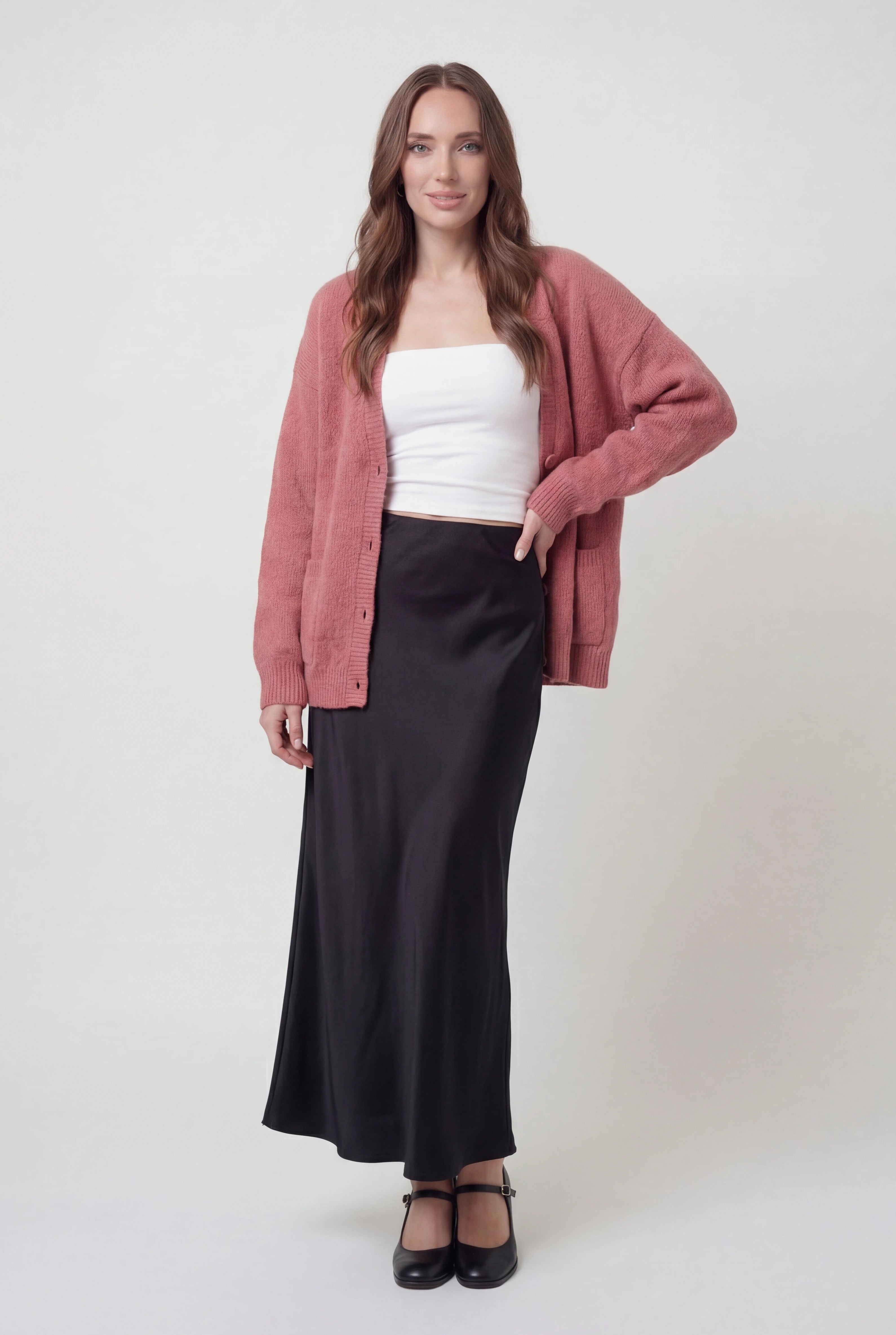 Isabella | Przytulny Różowy Sweter Kardigan z Luźnym Fasonem