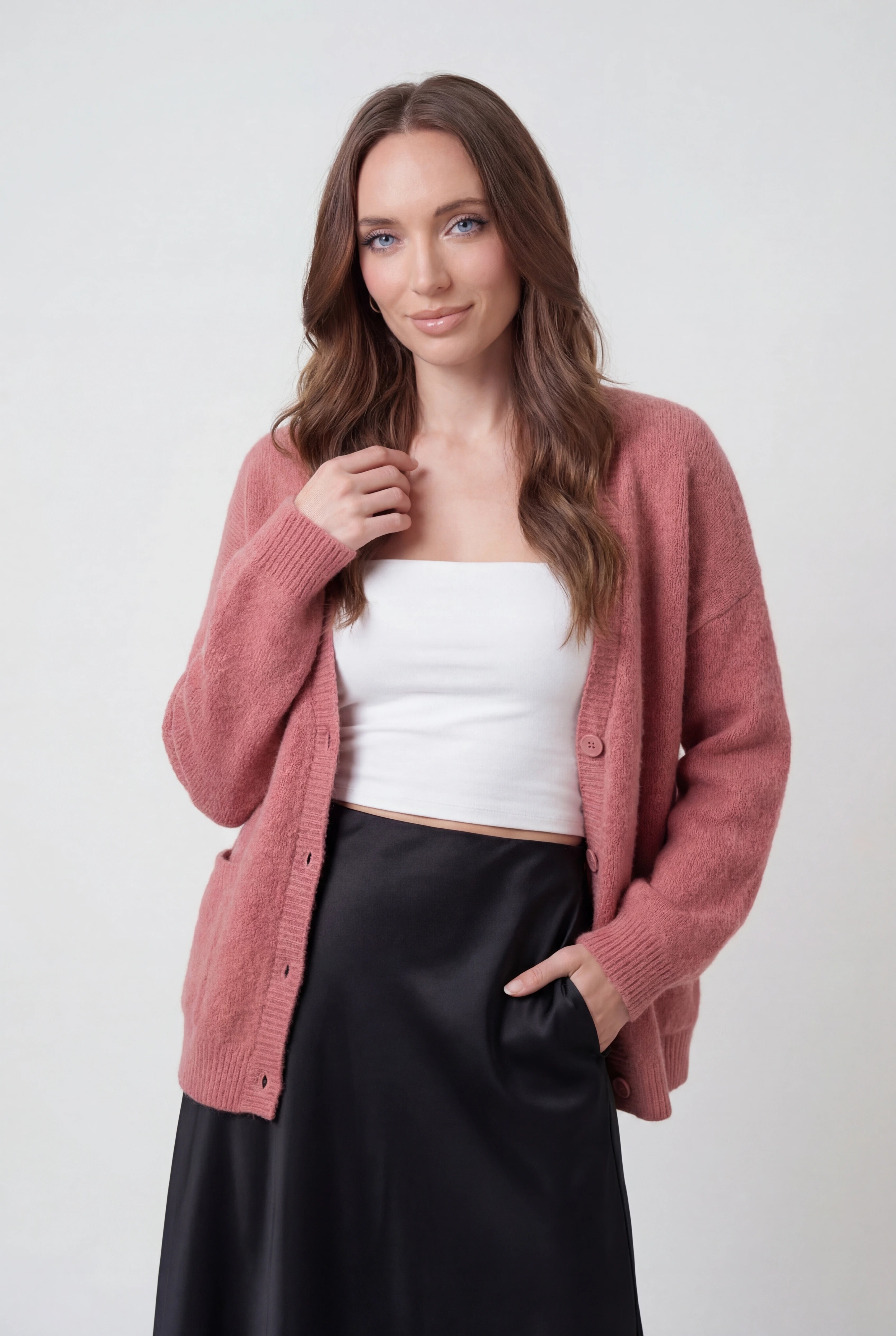 Isabella | Przytulny Różowy Sweter Kardigan z Luźnym Fasonem
