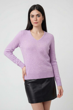 Isabella | Przytulny Fioletowy Sweter Dziany z Dekoltem w Serek