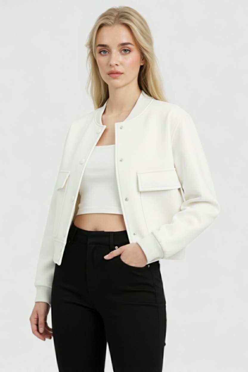 Isabella | Elegancka Biała Kurtka Bomber z Ponadczasowym Designem