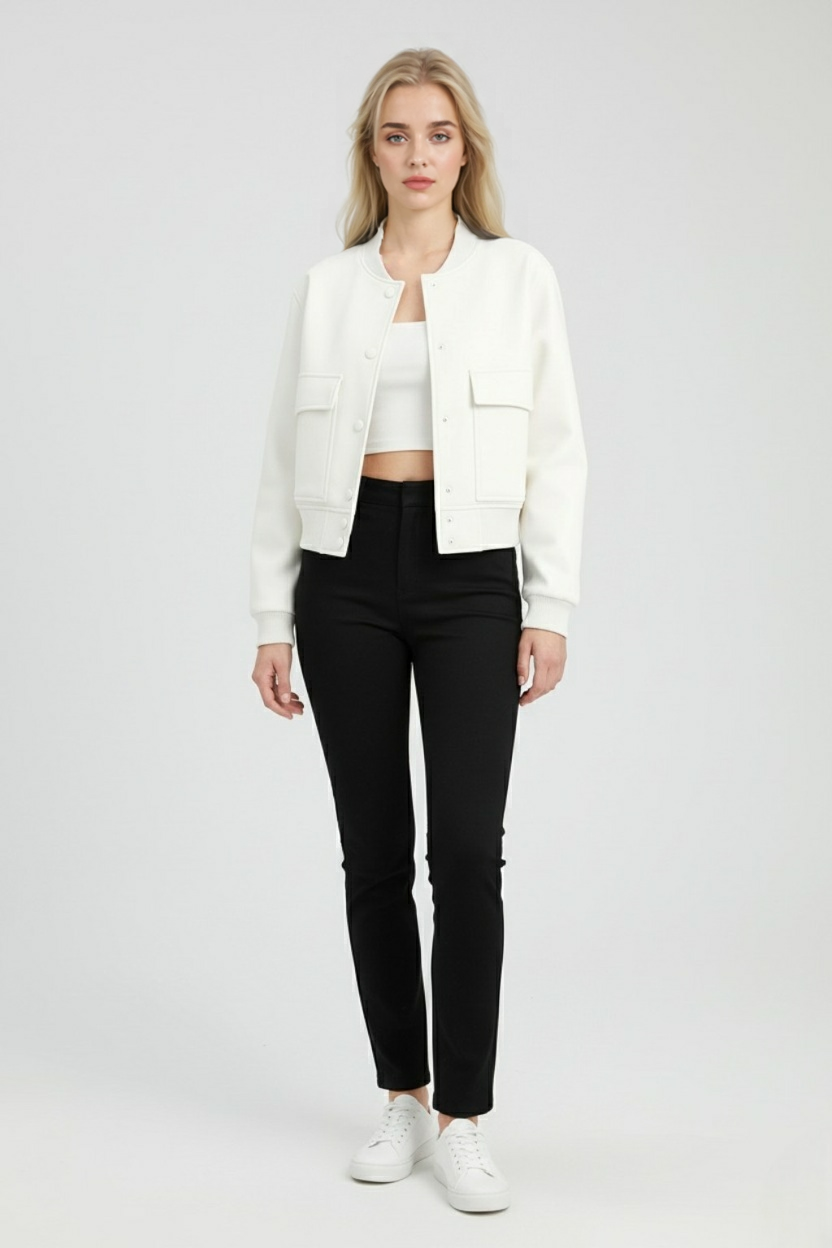 Isabella | Elegancka Biała Kurtka Bomber z Ponadczasowym Designem