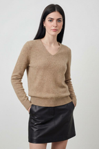Sophia | Przytulny Khaki Sweter Dziany z Dekoltem w Serek