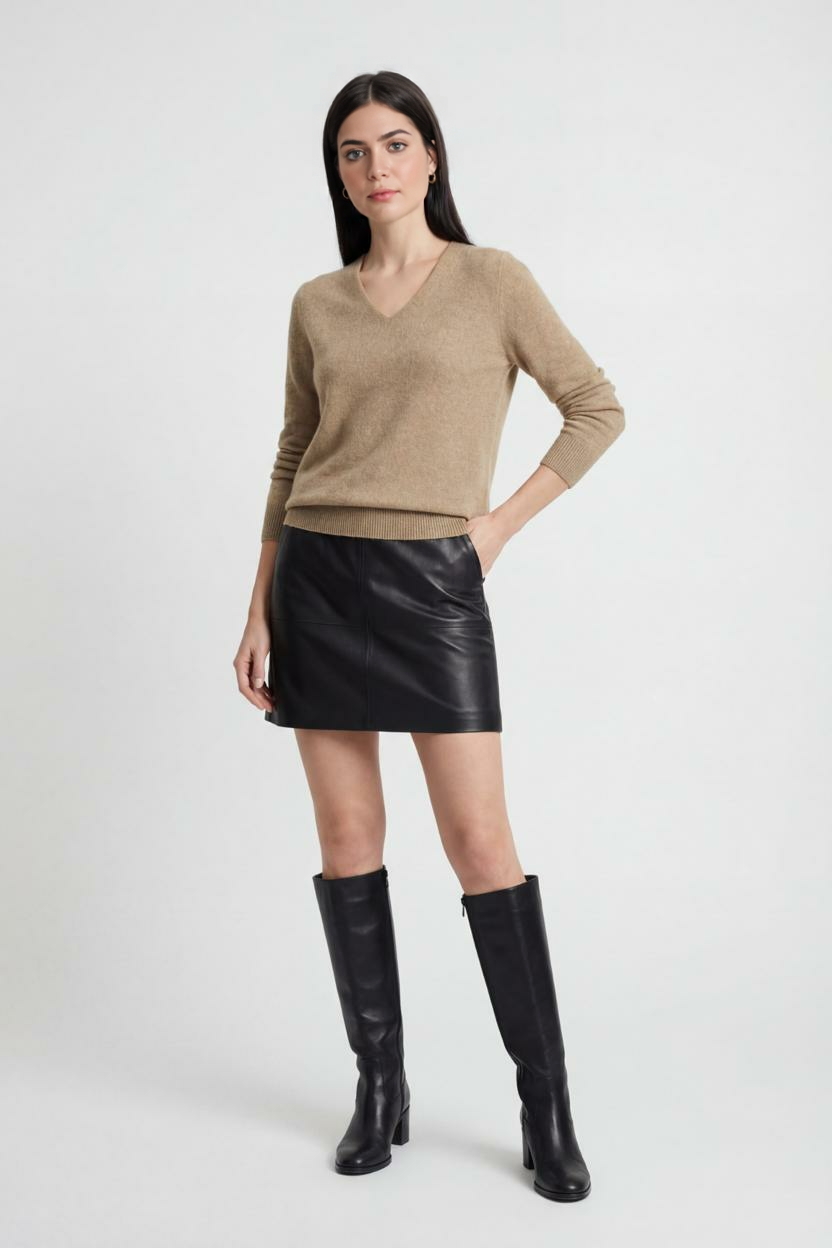 Sophia | Przytulny Khaki Sweter Dziany z Dekoltem w Serek