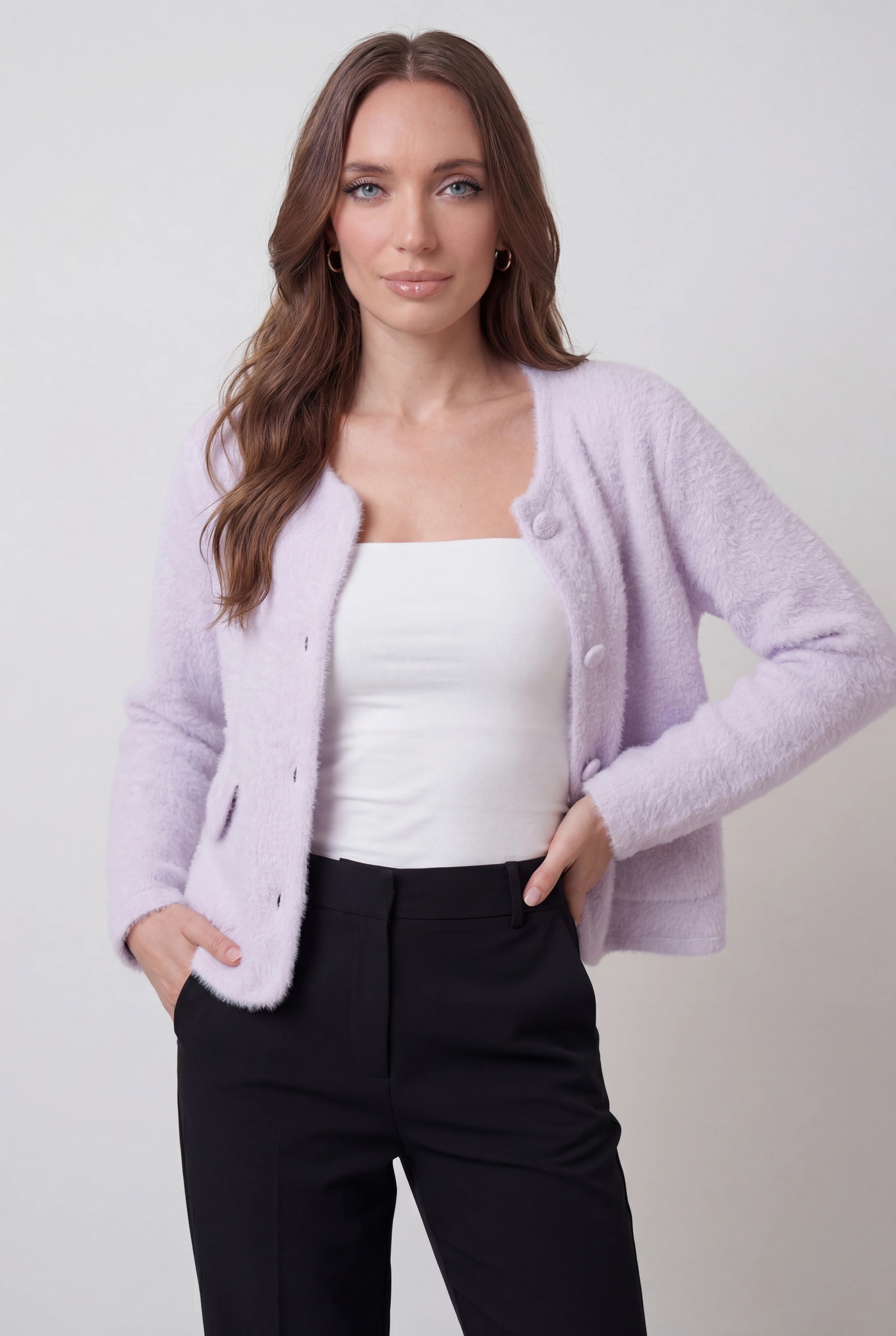 Sophia | Przytulny Fioletowy Sweter Z Dzianiny z Otwartym Przodem