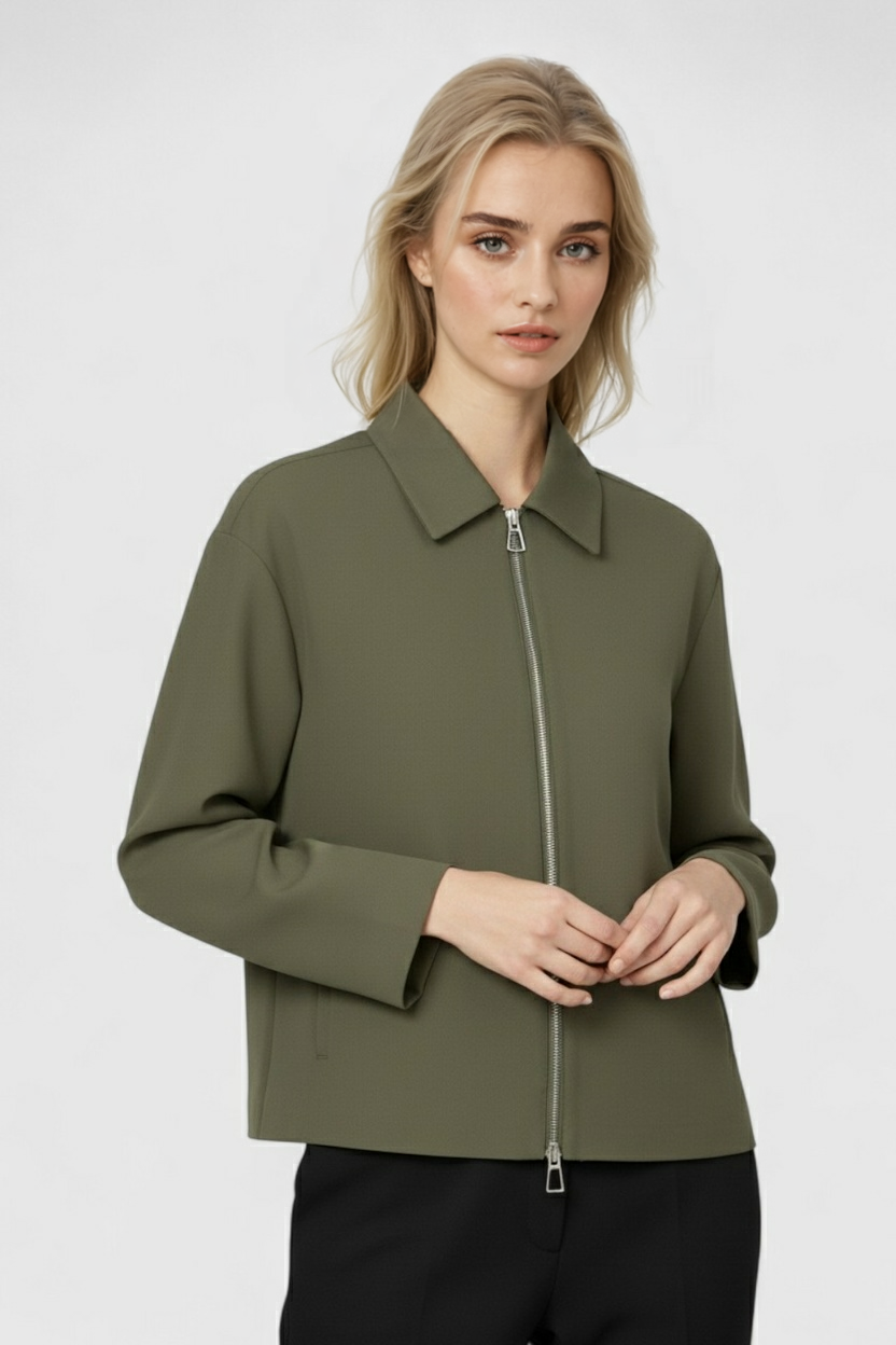 Victoria | Casual Army Green Bomber Jacket with Zipper Closure