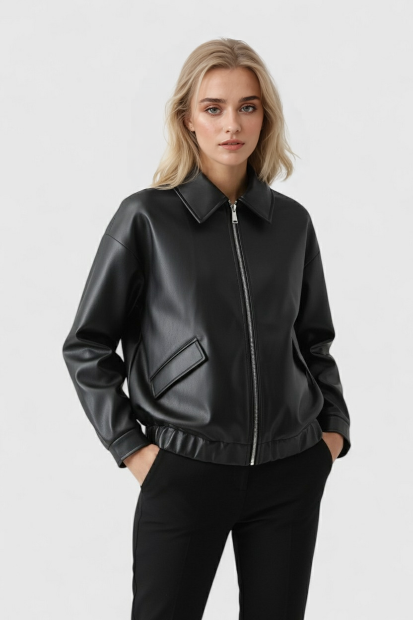 Victoria | Elegancka czarna skórzana kurtka z retro kołnierzem