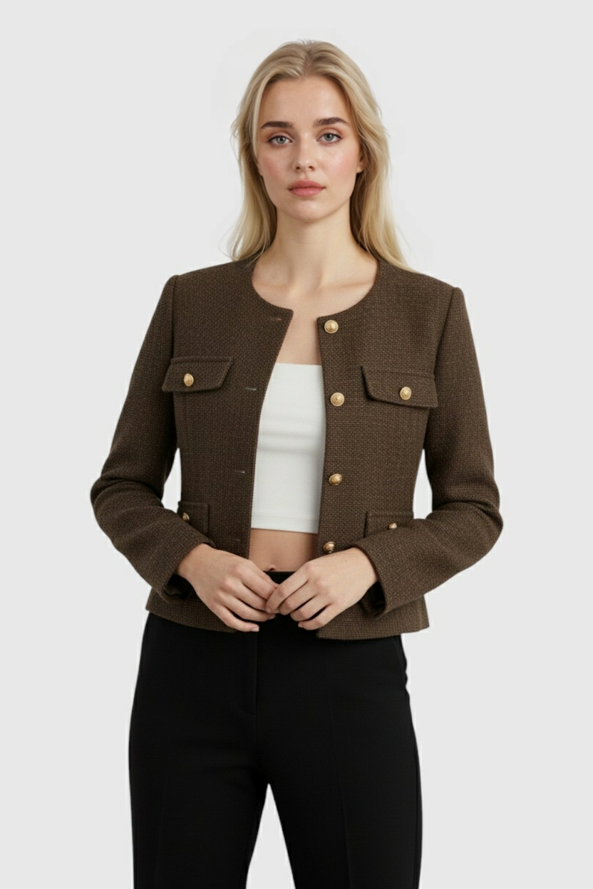 Victoria | Elegancka Krótka Kurtka w Ciemnym Brązie z Dopasowanym Fasonem