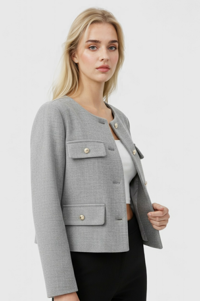 Victoria | Elegancka Krótka Szara Kurtka o Wszechstronnym Stylu