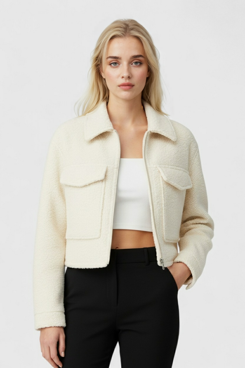 Victoria | Elegancka biała kurtka zapinana na zamek z vintage kołnierzem