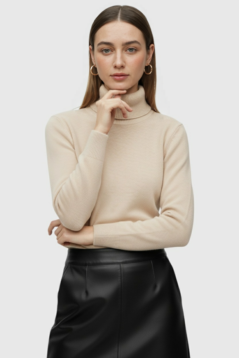 Wiktoria | Elegancki Beżowy Sweter z Golfem w Slim Fit na Zimę