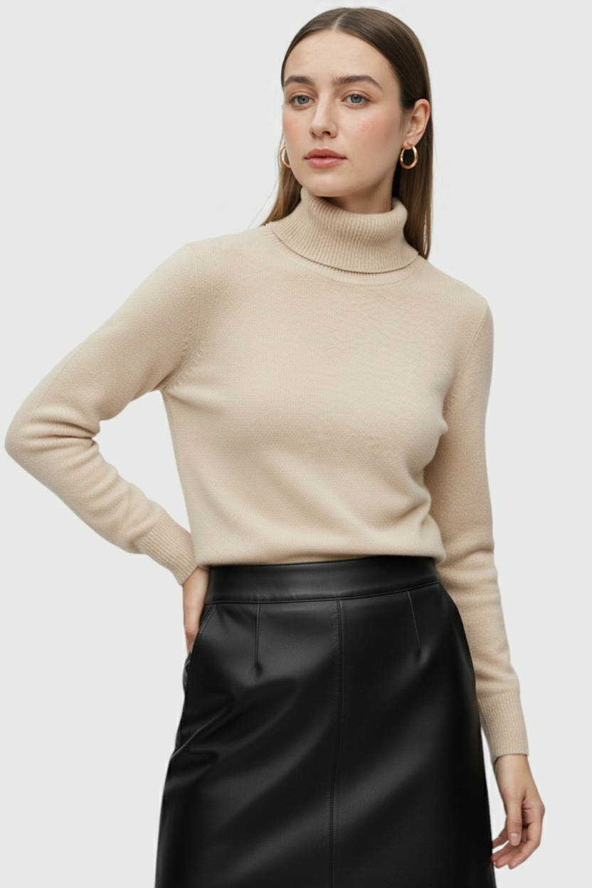 Wiktoria | Elegancki Beżowy Sweter z Golfem w Slim Fit na Zimę
