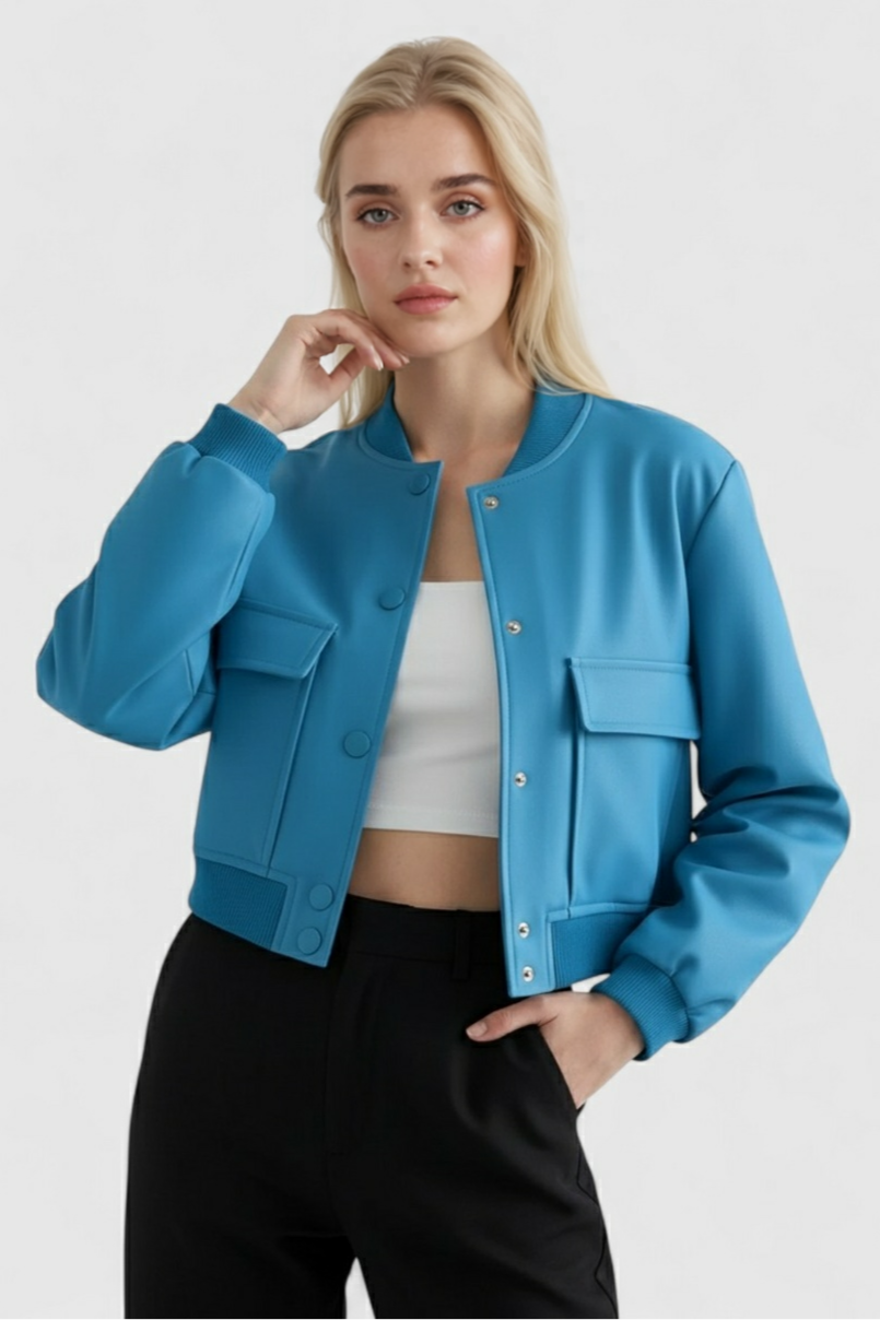 Victoria | Elegancka Niebieska Kurtka Bomber z Ponadczasowym Designem