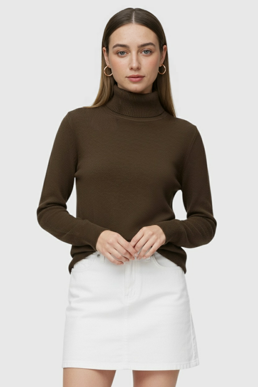 Victoria | Elegancki Brązowy Sweter z Golfem o Slim Fit