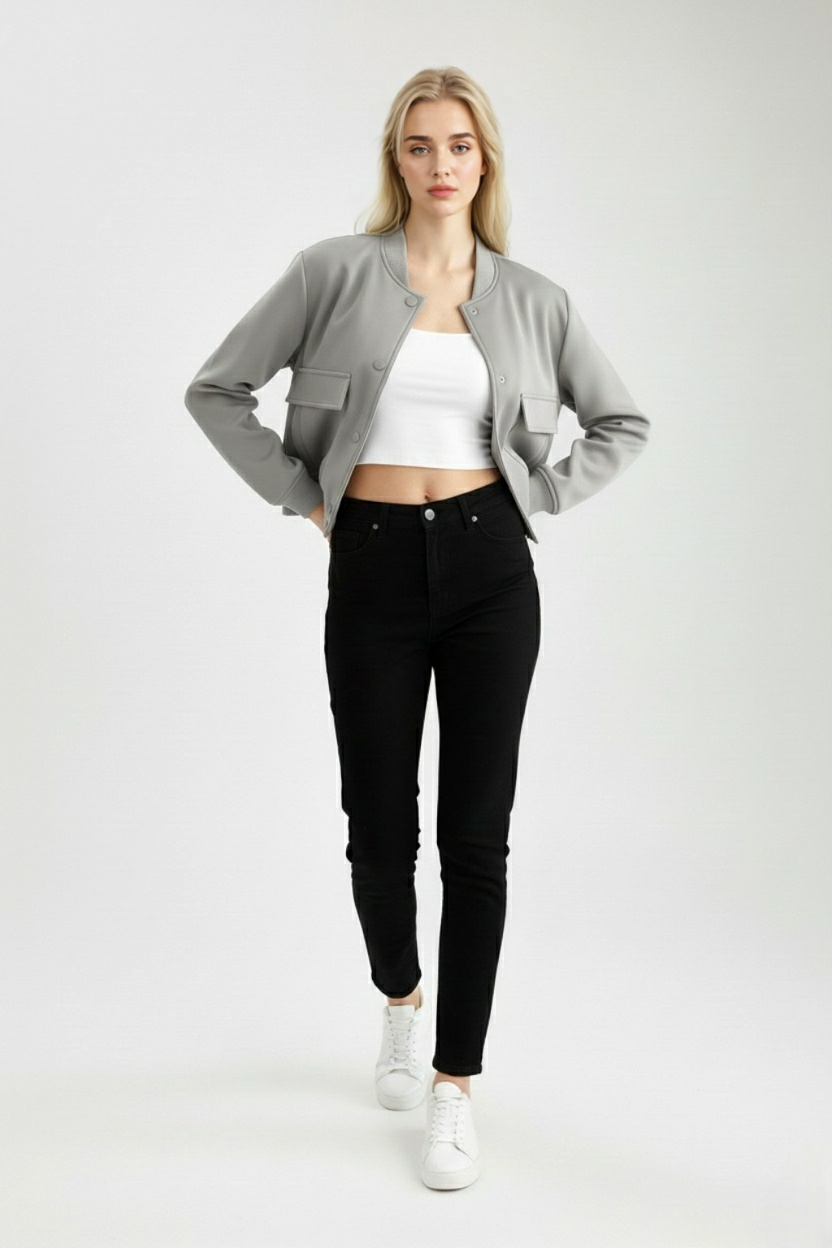 Victoria | Elegancka Szara Kurtka Bomber z Ponadczasowym Designem