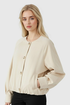 Victoria | Elegancka Krótka Kurtka Khaki z O-Neck i Długimi Rękawami
