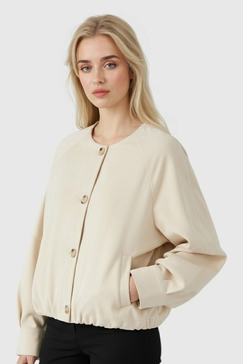 Victoria | Elegancka Krótka Kurtka Khaki z O-Neck i Długimi Rękawami