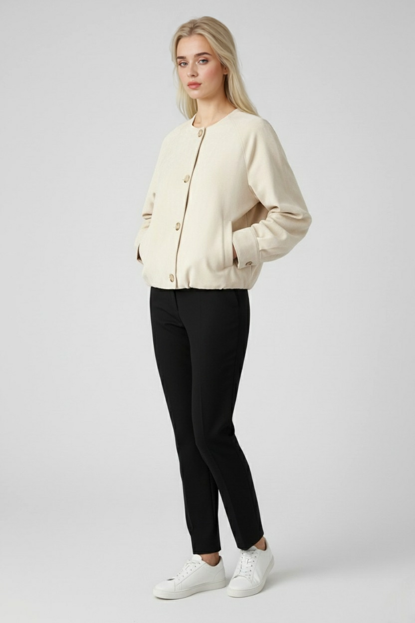 Victoria | Elegancka Krótka Kurtka Khaki z O-Neck i Długimi Rękawami