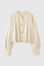 Victoria | Elegancka Krótka Kurtka Khaki z O-Neck i Długimi Rękawami