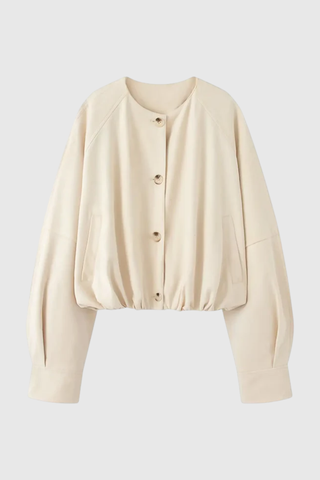 Victoria | Elegancka Krótka Kurtka Khaki z O-Neck i Długimi Rękawami