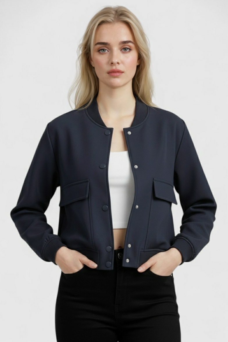 Victoria | Elegancka Granatowa Kurtka Bomber z Ponadczasowym Designem