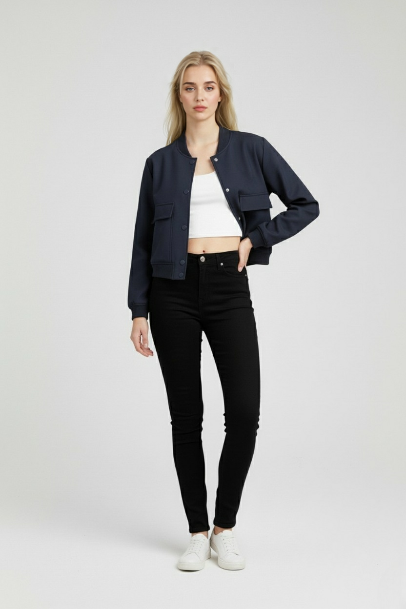 Victoria | Elegancka Granatowa Kurtka Bomber z Ponadczasowym Designem