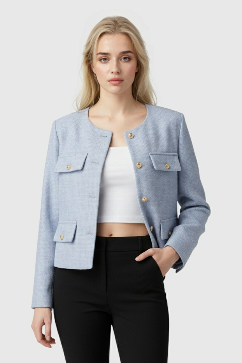 Victoria | Stylowa Krótka Kurtka w Jasnym Niebieskim Kolorze z Uniwersalnym Designem