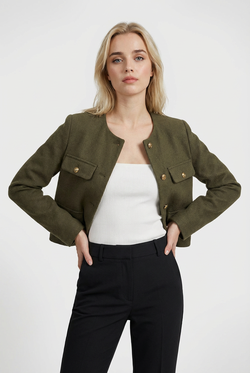 Wiktoria | Stylowa Krótka Kurtka w Kolorze Oliwkowym z Uniwersalnym Designem