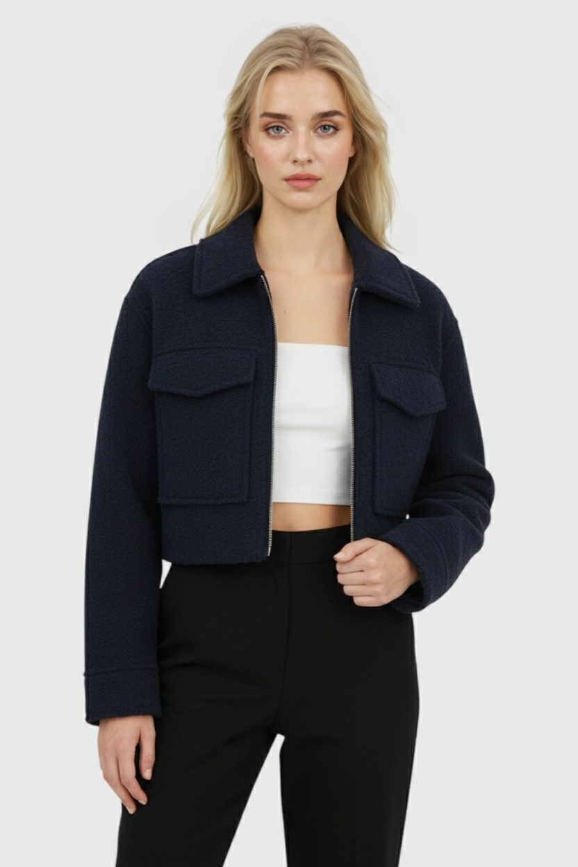 Victoria | Vintage Navy Zip Jacket z Klasycznym Kołnierzem
